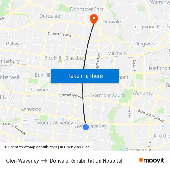 Glen Waverley to Donvale Rehabilitation Hospital map