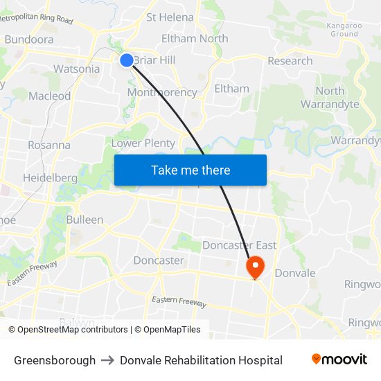 Greensborough to Donvale Rehabilitation Hospital map