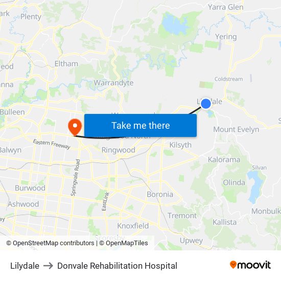 Lilydale to Donvale Rehabilitation Hospital map