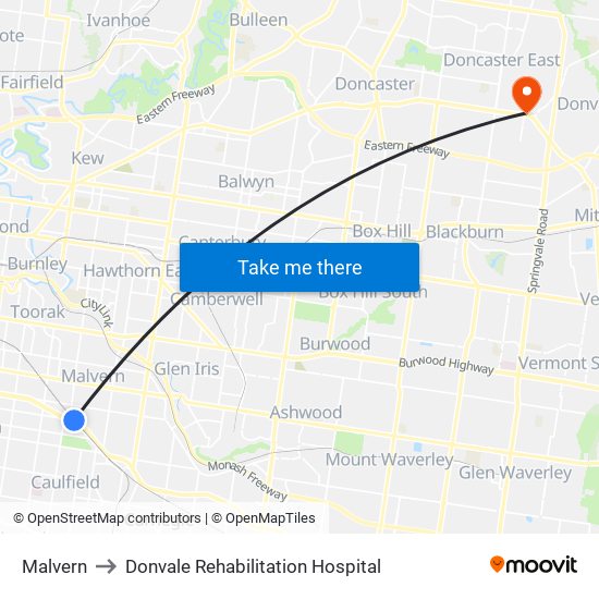 Malvern to Donvale Rehabilitation Hospital map