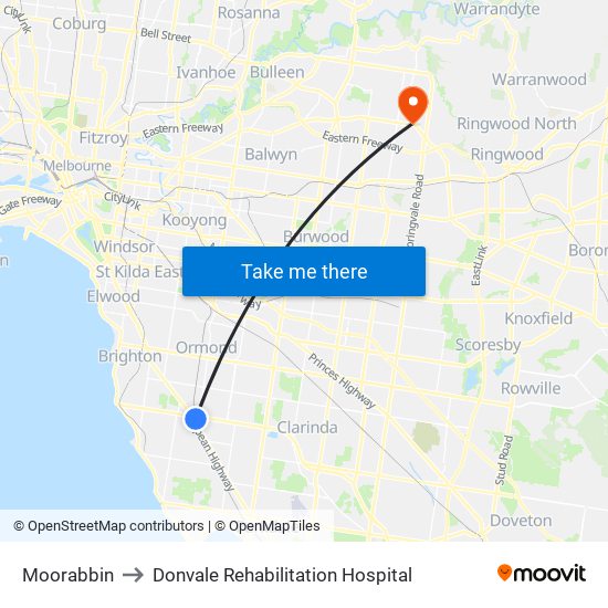 Moorabbin to Donvale Rehabilitation Hospital map
