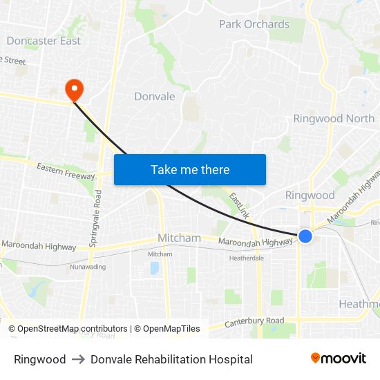 Ringwood to Donvale Rehabilitation Hospital map