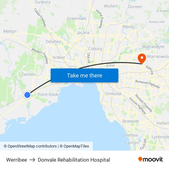 Werribee to Donvale Rehabilitation Hospital map