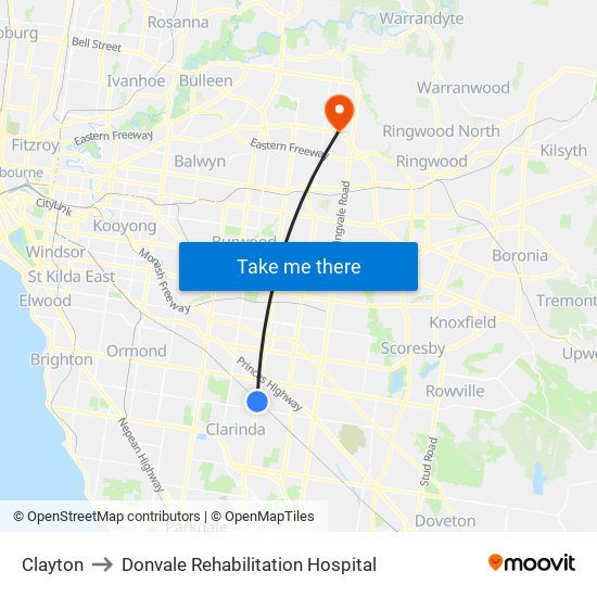 Clayton to Donvale Rehabilitation Hospital map