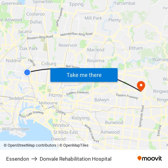 Essendon to Donvale Rehabilitation Hospital map