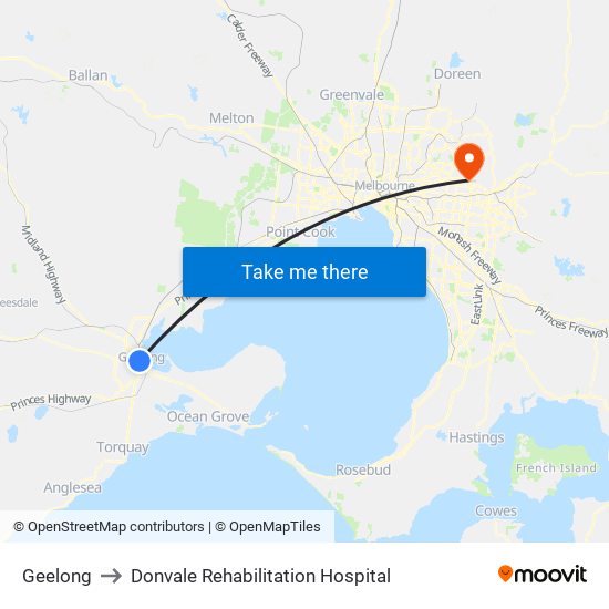 Geelong to Donvale Rehabilitation Hospital map