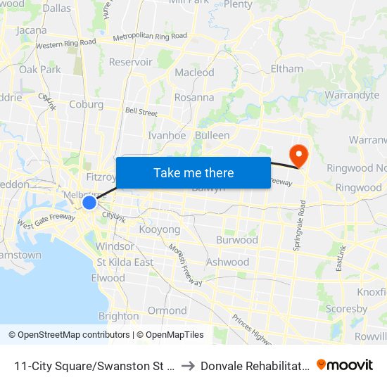 11-City Square/Swanston St (Melbourne City) to Donvale Rehabilitation Hospital map