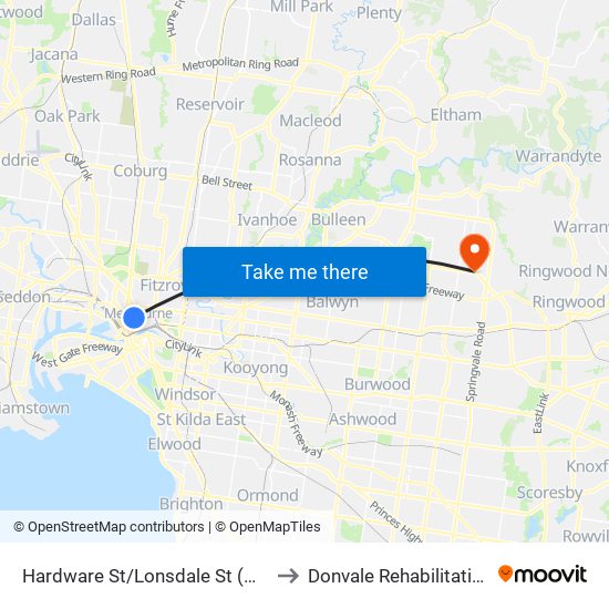 Hardware St/Lonsdale St (Melbourne City) to Donvale Rehabilitation Hospital map