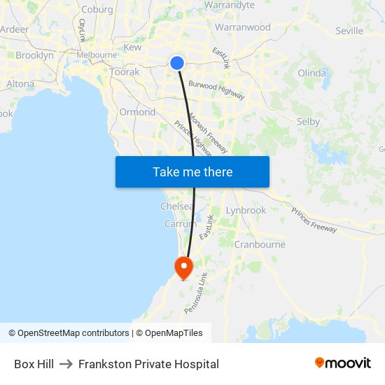 Box Hill to Frankston Private Hospital map