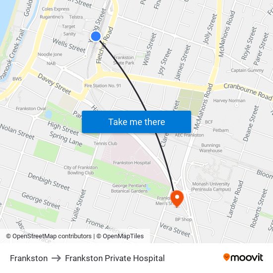 Frankston to Frankston Private Hospital map