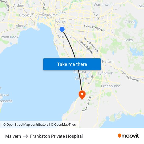 Malvern to Frankston Private Hospital map