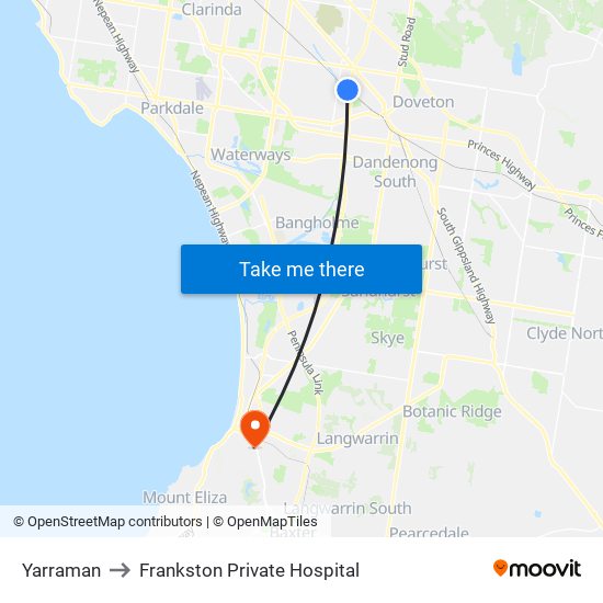 Yarraman to Frankston Private Hospital map