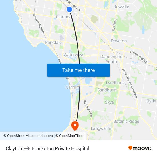 Clayton to Frankston Private Hospital map