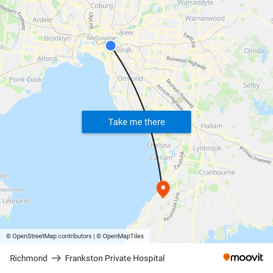 Richmond to Frankston Private Hospital map