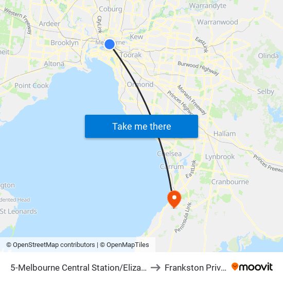 5-Melbourne Central Station/Elizabeth St (Melbourne City) to Frankston Private Hospital map