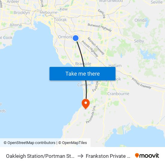 Oakleigh Station/Portman St (Oakleigh) to Frankston Private Hospital map