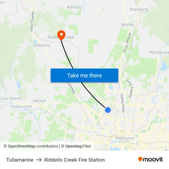 Tullamarine to Riddells Creek Fire Station map