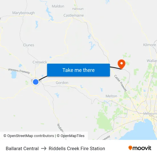 Ballarat Central to Riddells Creek Fire Station map