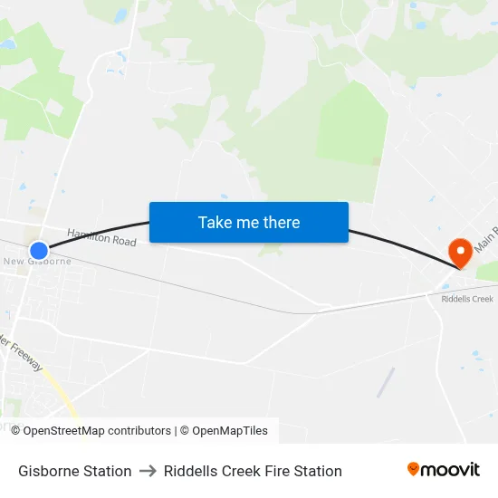 Gisborne Station to Riddells Creek Fire Station map