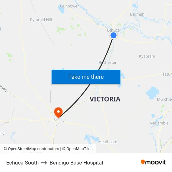 Echuca South to Bendigo Base Hospital map