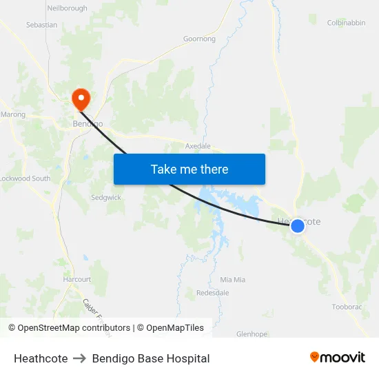 Heathcote to Bendigo Base Hospital map