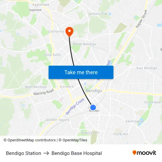 Bendigo Station to Bendigo Base Hospital map