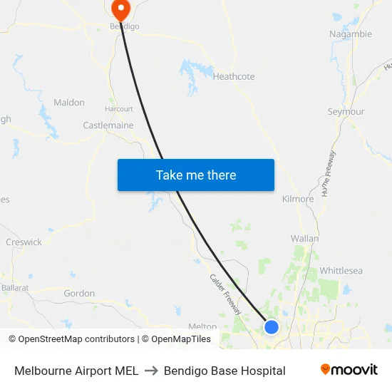 Melbourne Airport MEL to Bendigo Base Hospital map