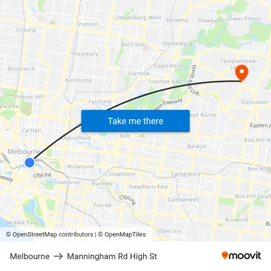 Melbourne to Manningham Rd High St map