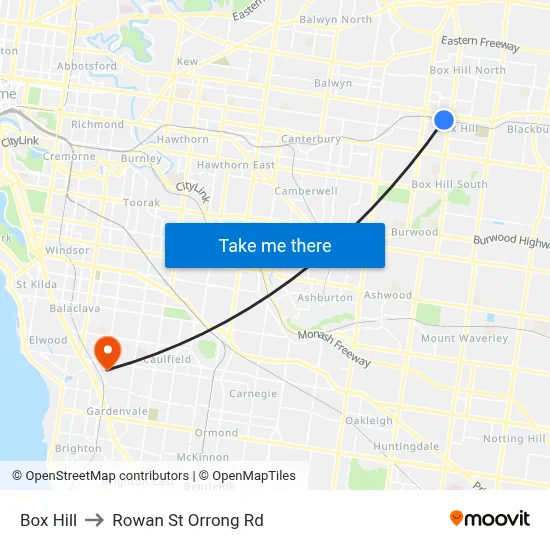 Box Hill to Rowan St Orrong Rd map