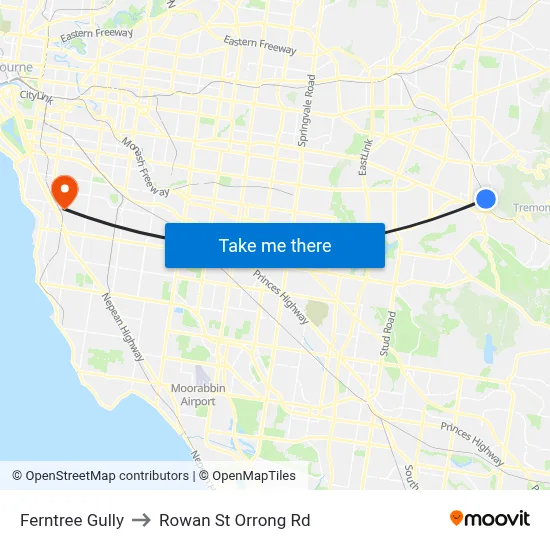 Ferntree Gully to Rowan St Orrong Rd map