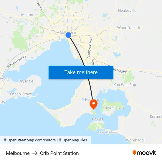 Melbourne to Crib Point Station map