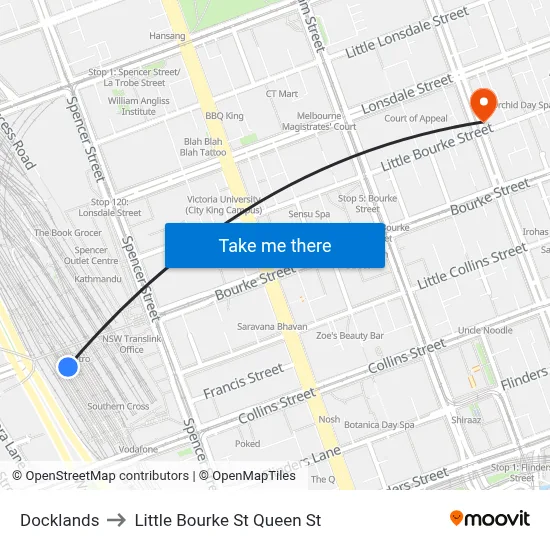 Docklands to Little Bourke St Queen St map