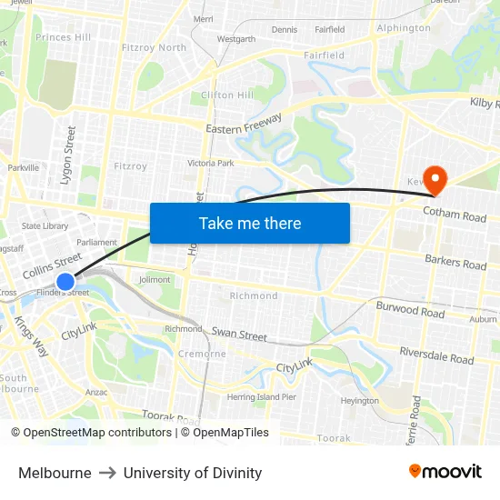 Melbourne to University of Divinity map