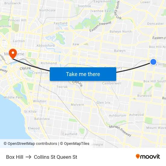 Box Hill to Collins St Queen St map
