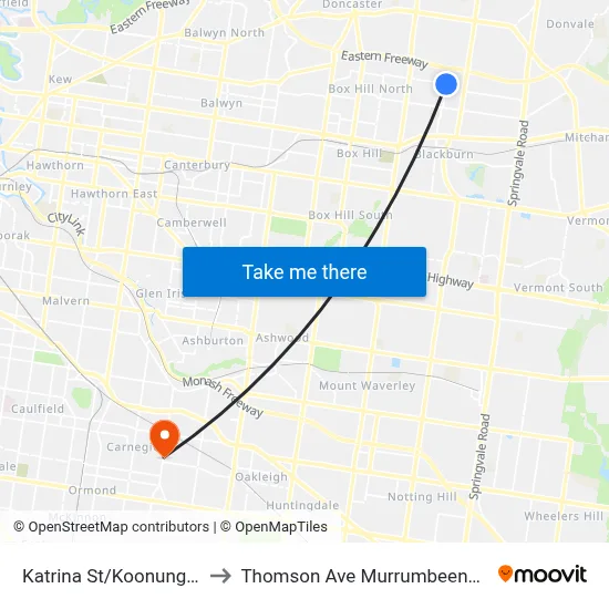 Katrina St/Koonung Rd to Thomson Ave Murrumbeena Rd map