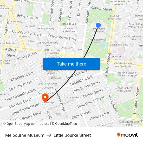 Melbourne Museum to Little Bourke Street map