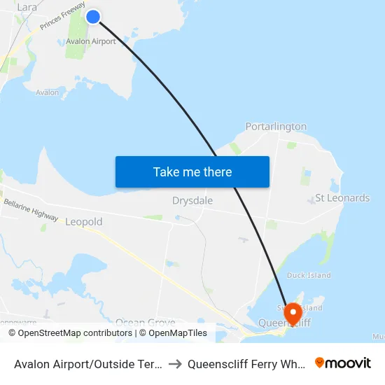 Avalon Airport/Outside Terminal to Queenscliff Ferry Wharf St map