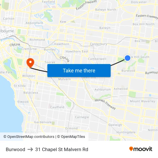 Burwood to 31 Chapel St Malvern Rd map
