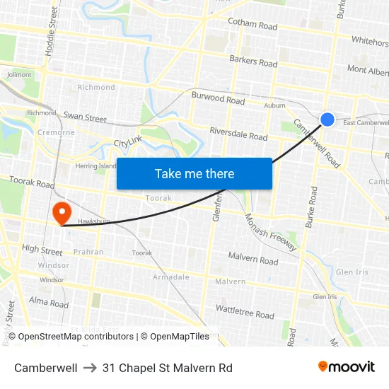 Camberwell to 31 Chapel St Malvern Rd map