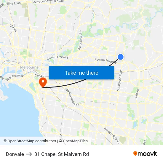 Donvale to 31 Chapel St Malvern Rd map