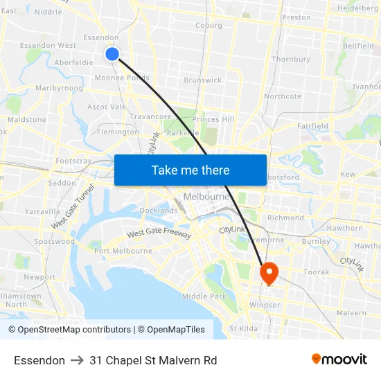 Essendon to 31 Chapel St Malvern Rd map