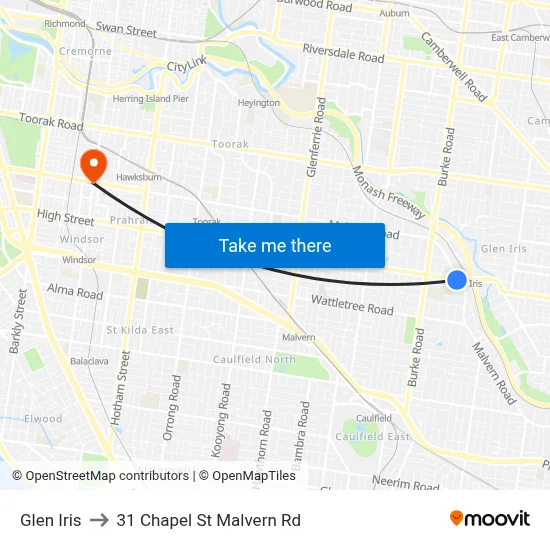 Glen Iris to 31 Chapel St Malvern Rd map