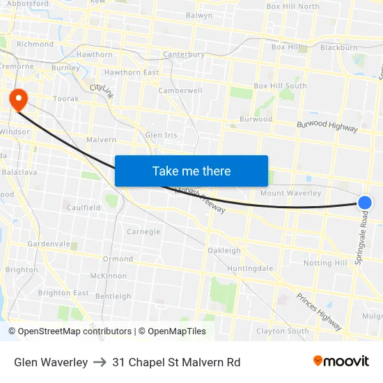 Glen Waverley to 31 Chapel St Malvern Rd map