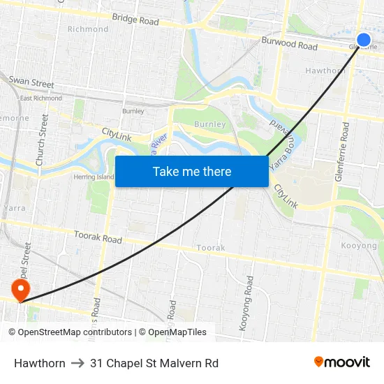 Hawthorn to 31 Chapel St Malvern Rd map