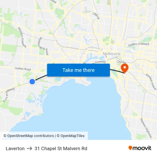 Laverton to 31 Chapel St Malvern Rd map