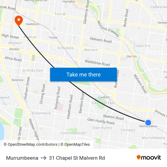 Murrumbeena to 31 Chapel St Malvern Rd map