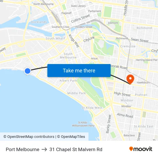 Port Melbourne to 31 Chapel St Malvern Rd map