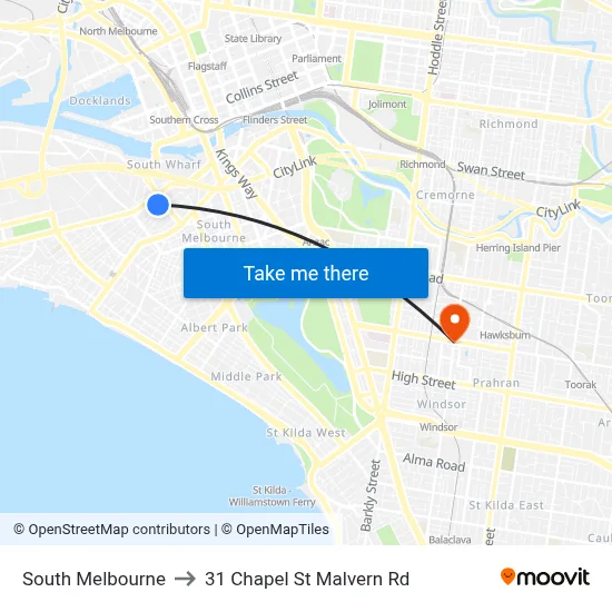 South Melbourne to 31 Chapel St Malvern Rd map