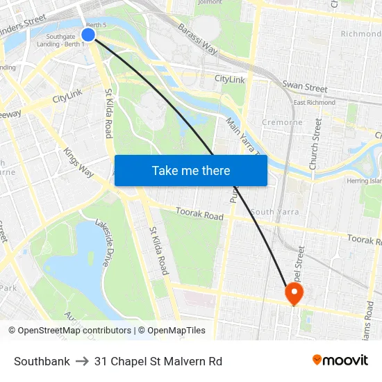 Southbank to 31 Chapel St Malvern Rd map