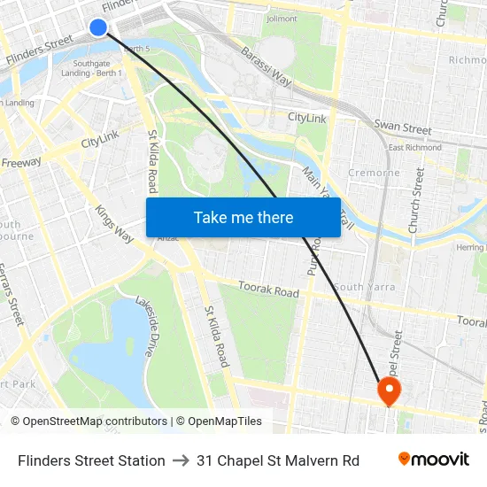 Flinders Street Station to 31 Chapel St Malvern Rd map
